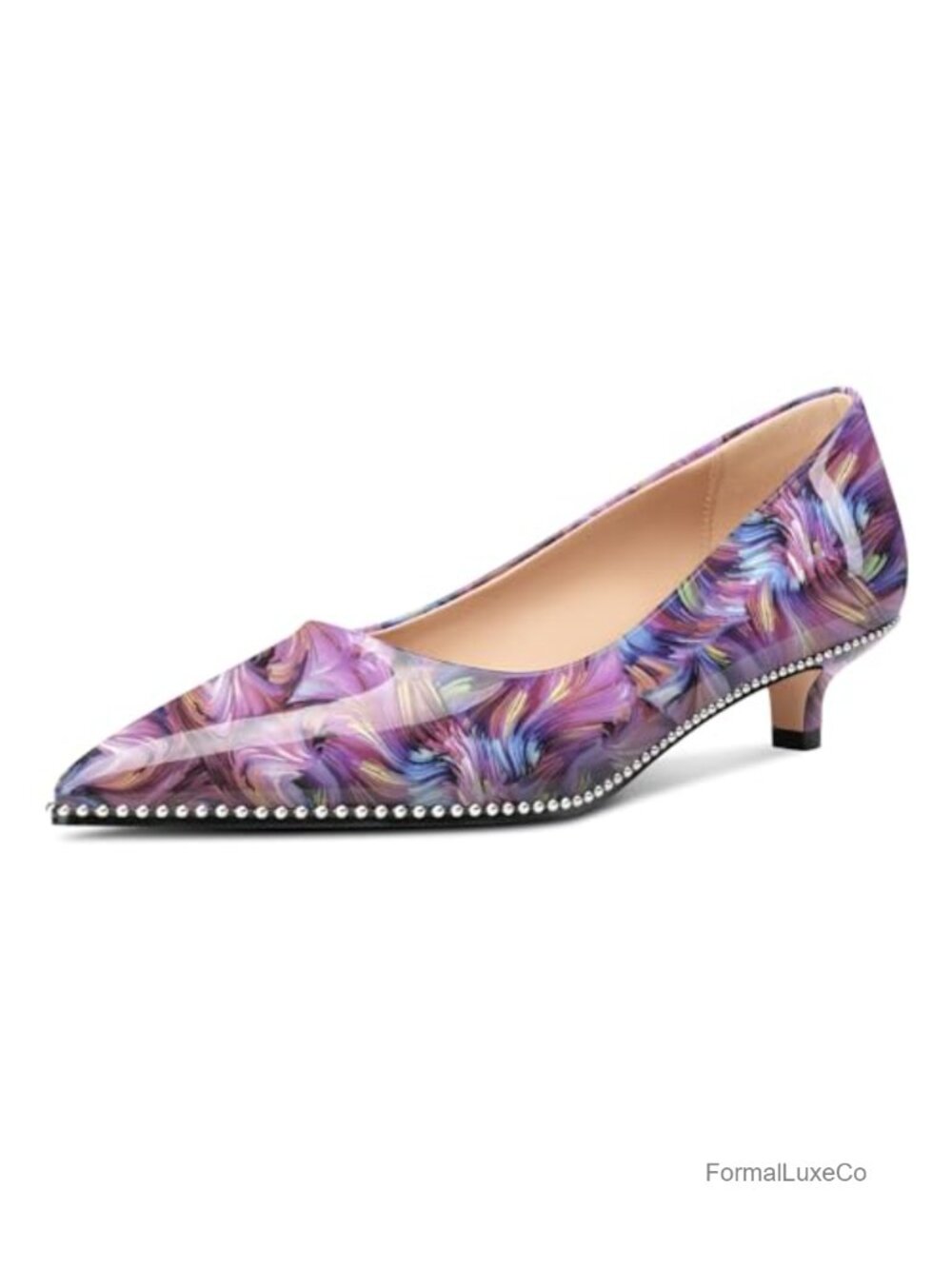 Womens Kitten Heel Pointed Toe Slip-On Pumps Beaded Office Dress Shoes